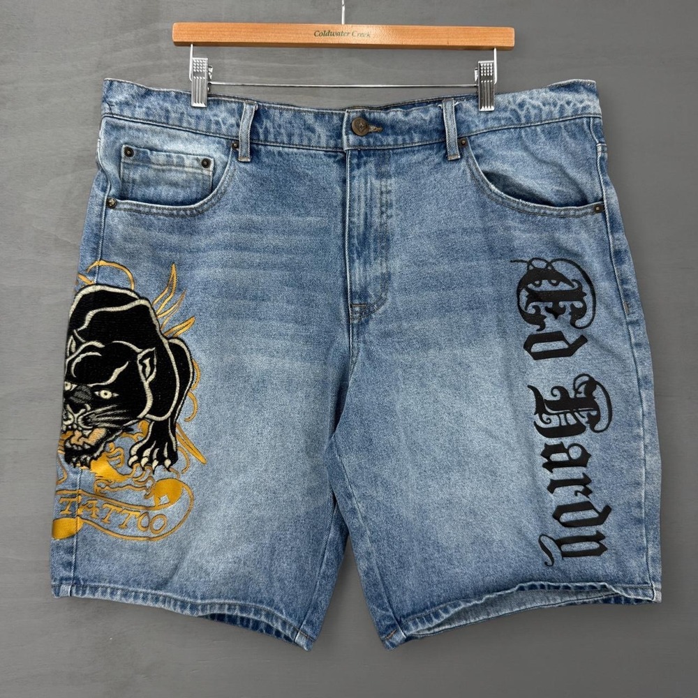 Y2K Ed Hardy Denim Shorts Blue Tattoo Graphic Panther Skull 38
